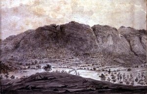 Vue panoramique de Derwentwater et de la vallée de Keswick, détail des montagnes, vers 1772 (détail) - Moses (attr. to) Griffith