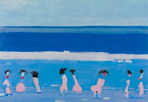 Silhouettes roses, plage bleue