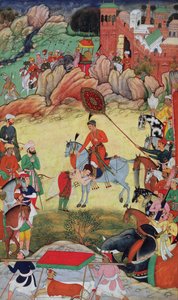 Adham Khan rendant hommage à Akbar à Sarangpur, Inde centrale, en 1560 ou 1561, de l