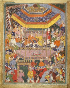Alamshah converse avec Qubad, illustration du Hamza Nama, vers 1555-57