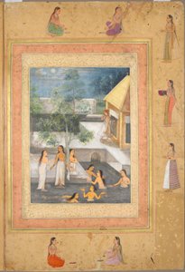 Scène de bain nocturne dans le harem (recto) : Calligraphie encadrée par une bordure ornementale de fleurs et d