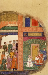 Le roi Dasaratha conversant avec le prêtre de la famille au sujet de la régence de Rama dans le palais, tandis que les courtisans et les ministres attendent dans la cour, vers 1595