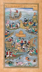 Sultan Bahadur et Rumi Khan sautant dans la mer entourés de bateaux portugais, de l