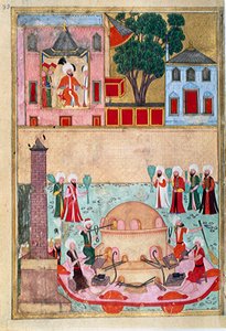 Souffleur de verre au champ de courses de Constantinople. Page tirée du « Surname-i Humayun » (Livre des Festivités) illustrée par Osman (vers 1582)