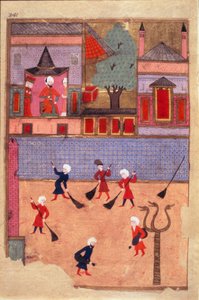 Balayeurs de rue. Page tirée du « Surname-i Humayun » ou « Livre des festivités » (ms. hazine 1344, fol. 341 a) illustrée par Osman, vers 1582. Istanbul, Topkapi Seray - Mughal School Osman