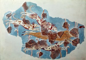 Art mycénien : scène de chasse, des chiens poursuivent un sanglier. Fragment de fresque du palais de Tirynthe et reconstitution