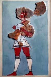 Art mycénien : guerrier. Fragment de fresque du palais de Tirynthe et reconstitution