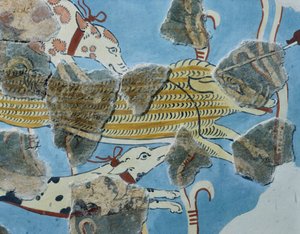 Fresque du palais de Tirinto (Grèce). Détail : groupe de chiens attaquant un sanglier. Civilisation mycénienne - Mycenean
