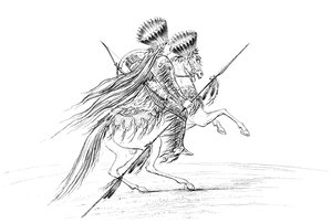 Amérindien avec des armes et une coiffe, à cheval, 1841 - Myers and Co