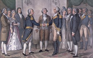 La première rencontre du général George Washington et du marquis de La Fayette à Philadelphie, 3 août 1777, publié en 1876 (lithographie en couleur) - N. and Ives J.M. (after) Currier