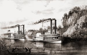 Bateaux à vapeur faisant la course sur le fleuve Mississippi, USA
