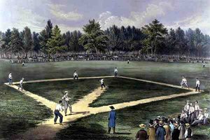 Le jeu national américain de baseball, grand match pour le championnat aux Elysian Fields, Hoboken, N.J. 1866 - Currier and Ives
