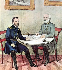 Guerre civile américaine : Les généraux Grant (à gauche) et Lee se rencontrant le dimanche des Rameaux 1865 pour élaborer les termes de la reddition de l