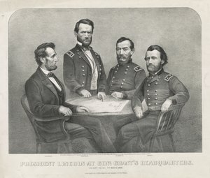 Le président Lincoln au quartier général du général Grant, vers 1865 - Currier and Ives