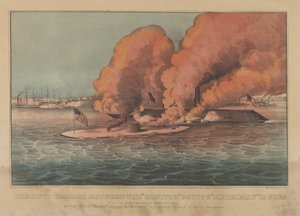 Combat terrible entre le "Monitor" 2 canons et le "Merrimac" 11 canons à Hampton Roads le 9 mars 1862 (lithographie colorée à la main) - Currier and Ives