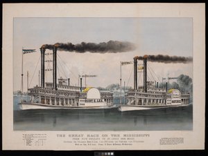 La grande course sur le Mississippi de la Nouvelle-Orléans à Saint-Louis 1210 miles. Entre les vapeurs Robt. E. Lee... et Natchez... Gagné par R.E. Lee