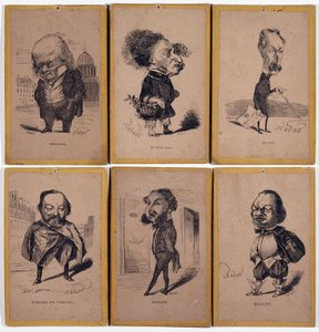 6 Portraits chargés : Pierre Jean de Béranger (1780-1857) chansonnier français, Alexandre Dumas fils (1824-1895), Louis Adrien Huart (1813-1865) journaliste, écrivain et directeur de théâtre français, Gérard de Nerval (1808-1855), écrivain français, Charle - Nadar
