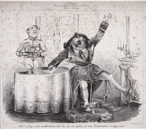 Ah!!! il y a une malédiction sur la vie du poète, et une malédiction sur sa tombe!!!. Un des premiers dessins de Félix Tournachon paru dans « La Vogue, revue industrielle, artistique et littéraire » - Nadar