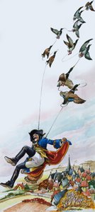 Le baron de Munchausen emporté par des canards (gouache sur papier) - Nadir Quinto
