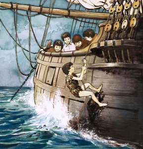Peter Pan grimpant à bord, illustration de "Peter Pan" de J.M. Barrie (gouache sur papier) - Nadir Quinto