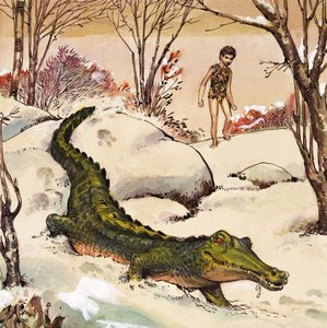 Peter suit le crocodile, illustration de "Peter Pan" de J.M. Barrie (gouache sur papier)
