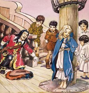 Wendy attachée au mât, illustration de "Peter Pan" de J.M. Barrie (gouache sur papier)