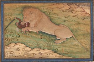 Les périls de la chasse, un lion bondit sur un chasseur, vers 1615 - Nanha
