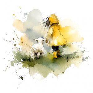 Un enfant en imperméable jaune marchant avec un agneau