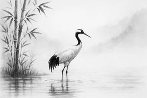 Une grue dans un paysage brumeux - Natalie Bruns