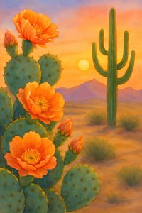 Coucher de soleil dans le désert et floraison de cactus