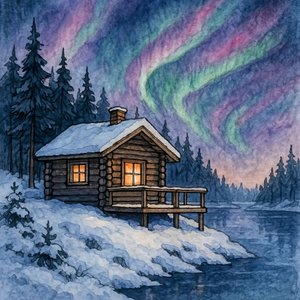Cabane enneigée et aurores boréales - Natalie Bruns