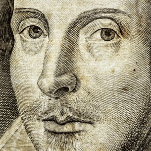 Détail du portrait de William Shakespeare sur la page de titre des Comédies, histoires, & t...