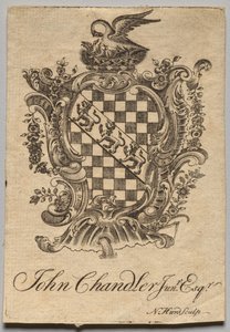 Ex-libris : Armoiries avec inscription de John Chandler Jun.r, Esq. - Nathaniel Hurd