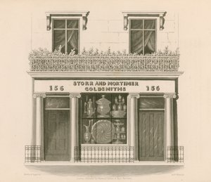 Façade de magasin de style ionique de Messieurs Storr et Mortimer, orfèvres et bijoutiers, n° 156, Bond Street, Londres - Nathaniel Whittock