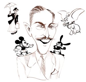 Walt Disney, producteur de films américain, magnat des affaires, dessinateur et animateur; caricaturé avec Mary Poppins