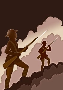 Soldats de la Première Guerre mondiale avec baïonnettes - sortant des tranchées