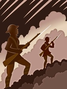 Soldats de la Première Guerre mondiale avec baïonnettes - sortant des tranchées