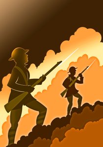 Soldats de la Première Guerre mondiale avec baïonnettes - sortant des tranchées