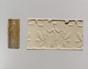Sceau-cylindre et impression moderne : figure masculine dominant des lions ailés à tête humaine, vers 8e-7e siècle av. J.-C. (calcédoine)