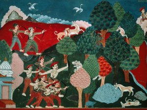Un roi passant ses journées à tuer de pauvres gazelles sans raison, plus tard, dans une autre vie, il est gazelle et est tué par un chasseur (détail) - Nepalese School