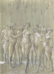 Cinq soldats nus tenant des bâtons, deux portant un casque, et trois femmes nues, 1522