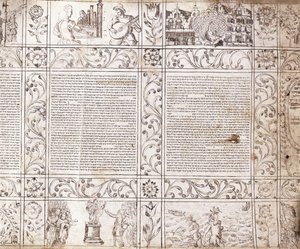 Manuscrit enluminé en écriture séfarade, montrant des scènes de la vie hollandaise et de la Bible avec des cartouches floraux, XVIIe siècle - Netherlandish School