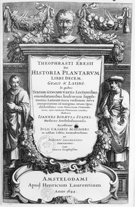 Page de titre de Historia Plantarum Libri Decem par Théophraste (c.372-c.287 av. J.-C.) publié à Amsterdam en 1644