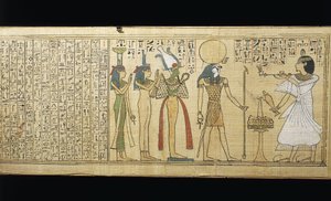 Papyrus de Khonsumes, Le Livre des Morts, le défunt faisant des offrandes à Osiris, Isis et Nephthys, Troisième Période Intermédiaire