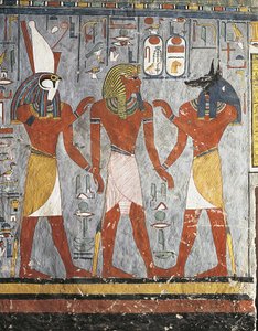 Pharaon entre les dieux Harsiesis et Anubis