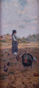 Une jeune fille nourrissant des dindes