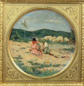 Assiette peinte avec des figures de bergers, par Niccolo Cannicci, vers 1880