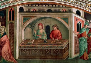 Appel de Saint Matthieu Évangéliste, scène des histoires de Saint Matthieu, vers 1390, par Niccolò di Pietro Gerini (mort vers 1415-1416), fresque, chapelle Migliorati, église San Francesco, Prato, Toscane, Italie