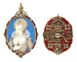 Portrait miniature de la reine Anne de Danemark (1574-1619) avec couverture ornée de bijoux, c.1611
