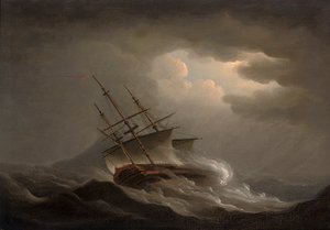 Une frégate inclinée dans une tempête au large - Nicholas Pocock